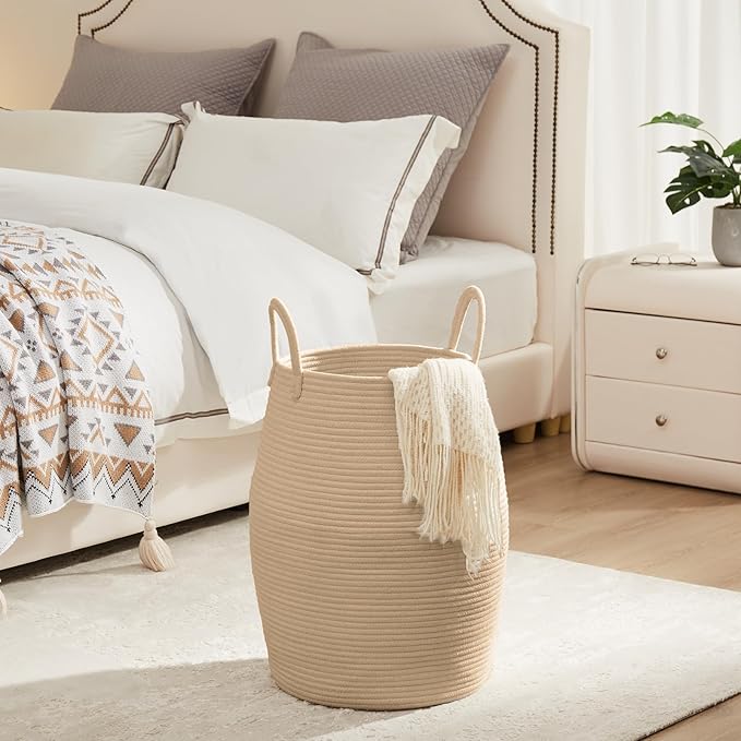 Large Laundry Hamper Basket by Fiona's magic, 65L Woven Tall Clothes Hamper for Storage Blanket, Toys and Dirty Cothes in Bedroom and Living Room Organizer, Brown