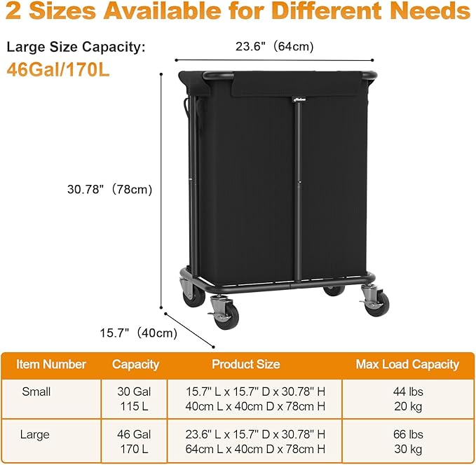 Hodonas Laundry Basket with Wheels, Rolling Laundry Hamper, 46 Gallons (170L), Removable and Machine Washable Liner, Steel Frame, Large Laundry Cart for Laundry Room, Bedroom, Bathroom, Dorm - Black