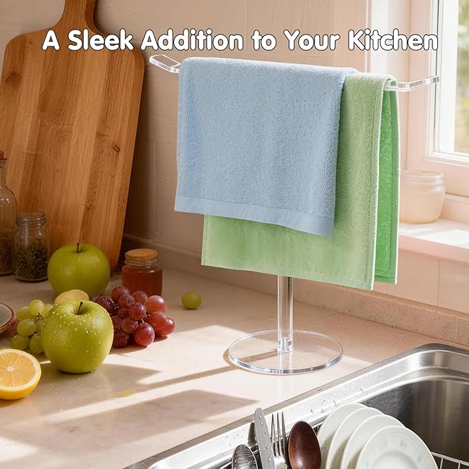 Clear Acrylic Hand Towel Holder Stand, T-Shape Free-Standing Towel Rack for Bathroom & Kitchen Countertop, Modern Minimalist Design, Simple Assembly, 2-Pack Counter Organizer