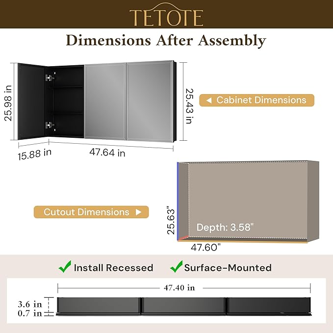 TETOTE 48 x 26 Bathroom Mirror with Storage with Tempered Beveled MirrorBlackMedicine Cabinet Aluminum Cabinet DTC Hinges, Stepless Adjustable Shelves, Recessed/Surface-Mounted