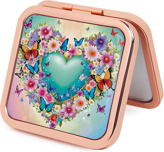 Small Compact Mirror, 1x/2x Travel Magnifying Mirror, 2-Sided Handheld Portable Folding Mirror, Mini Makeup Mirror for Purse, Pocket, Gifts, Square Rose Gold
