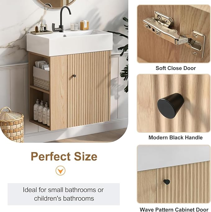 Virubi 21.6 in Floating Bathroom Vanity with Sink,Soft Closing Doors,Solid Wood Frame & MDF Modern Single Small Natural Wood Bathroom Vanity Cabinet with Open Shelf,Wall Mounted