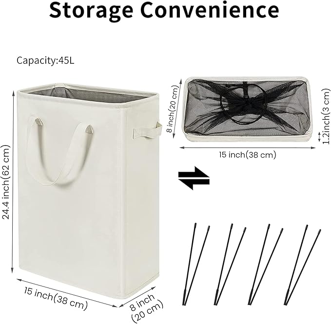ZERO JET LAG Slim Laundry Hamper With Handles Collapsible Laundry Basket Thin Dirty Clothes Basket Narrow Laundry Bag Foldable Dirty Clothes Hamper 45L (24 inches,Beige)