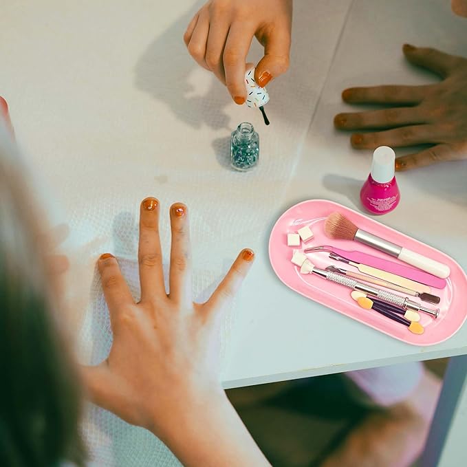 9" Nail Tools Tray Pink Manicure Accessory Storage Display Tray Jewelry Rhinestone Dish Cosmetics Organizer Oval Nail Art Decorative Small Storage Plate