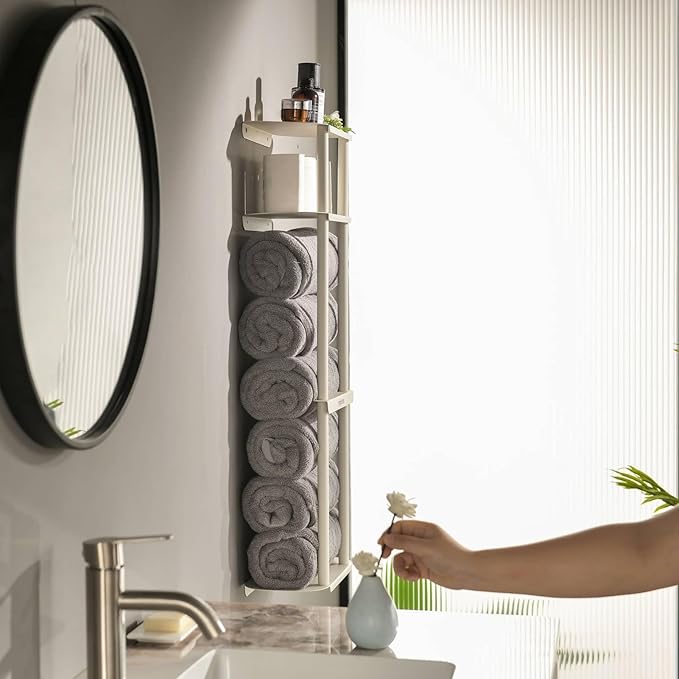 simpletome Towel Racks for Bathroom Storage Shower Organizer 31 inch Wall Mounted with Shelves Can Holds 6 Large Towels Thickened Carbon Steel(Cream White)