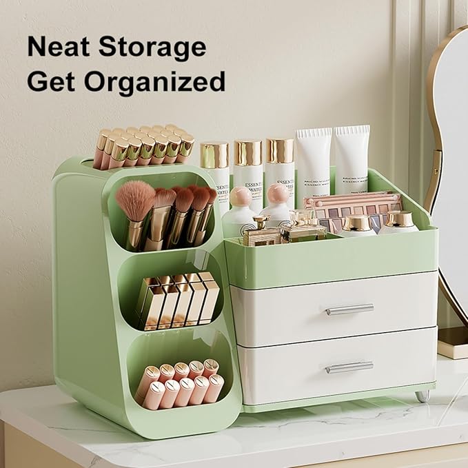 Makeup Organizer for Vanity, Large Capacity Cosmetic Display Case with Drawers, Countertop Beauty Storage Holder for Skincare, Brush Eyeliner Eyeshadow Lipsticks, Counter Desk, Cream Green