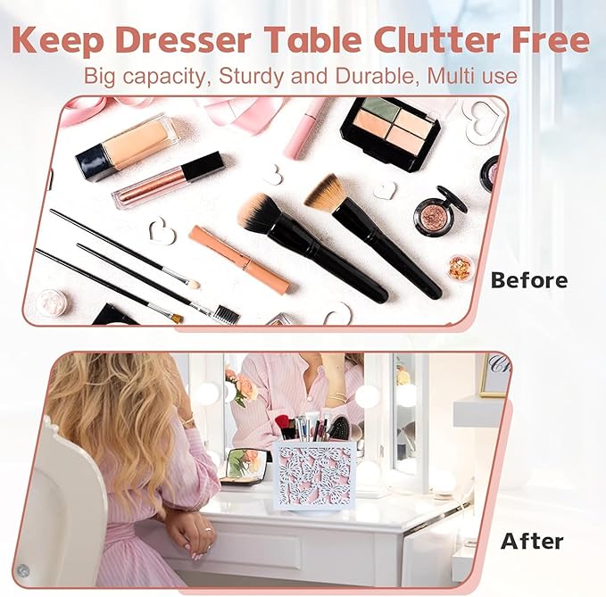 360 Rotating Makeup Brush Holder with Butterfly Cutout, Pink Makeup Brush Organizer for Vanity - 4 Compartment Spinning Wooden Desk Organizer for Pens, Lipsticks, Eyebrow Pencils