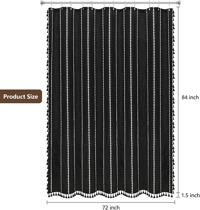 72 x 84 inch Extra Long Boho Chic Shower Curtain Heavyweight with Tassels, Black and White Linen Textured Fabric Farmhouse Shower Curtain, Elegant White Striped Bathroom Curtain Water Repellent