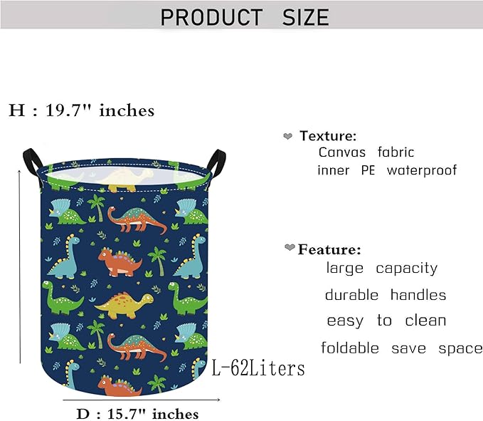 KUNRO Round Dinosaur Laundry Gift Basket Storage Hamper, Clothes Storage Organizer Bins, Shelf Basket with Handles for Room Decor