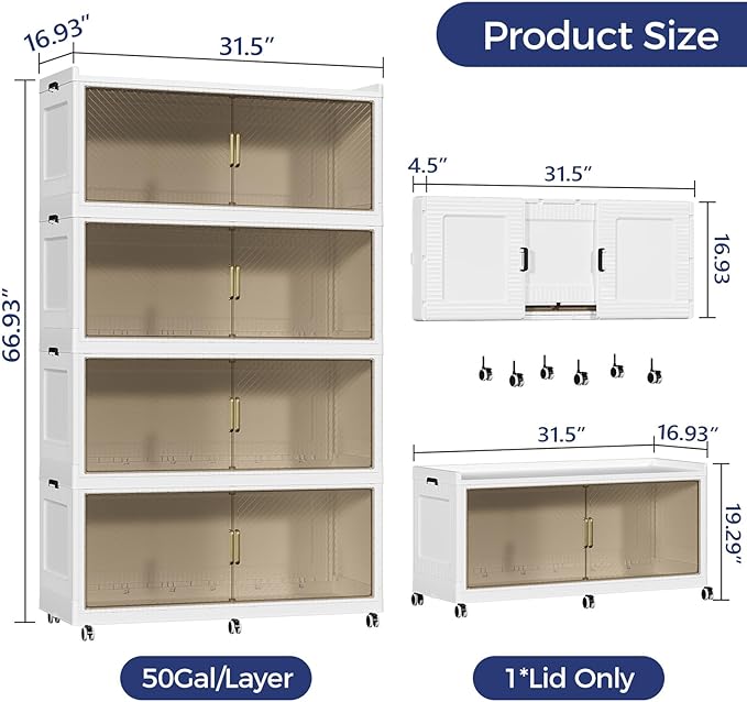 200Gal Extra Large Stackable Storage Bins with Lid, 800Qt Collapsible Storage Box with Wheels, Closet Organizers and Storage Cabinet Container for Home, Kitchen, Office, Bedroom, 4Pack White