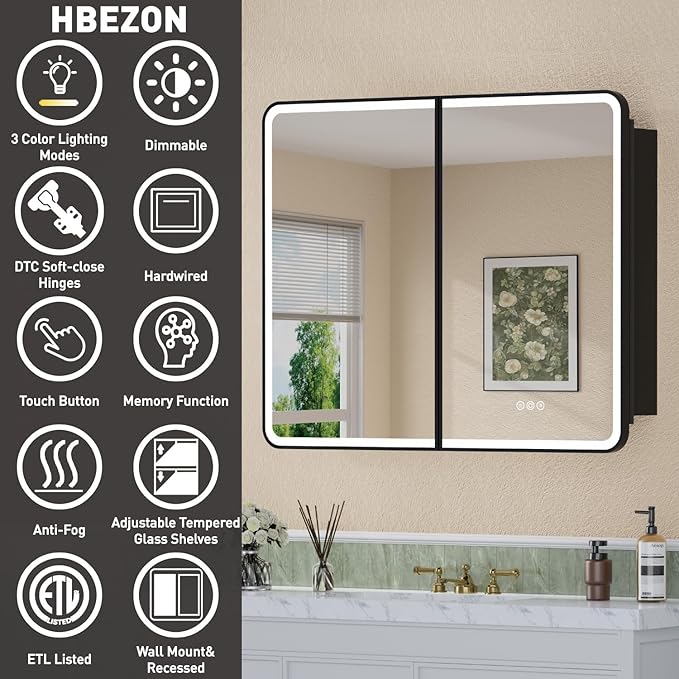 36 x 30 Inch LED Medicine Cabinet with Mirror, UL Certified Dimmable Lighted Bathroom Mirror Cabinet, Anti-Fog & Memory Function, 3 Color Modes, Recessed or Wall Mounted, Adjustable Shelf, Black