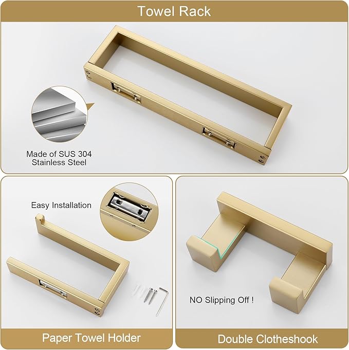 3 Pieces Brushed Gold Bathroom Hardware Accessories Set,SUS304 Stainless Steel Towel Holder Set Towel Holder Robe Hook Toilet Paper Holder Wall Mounted
