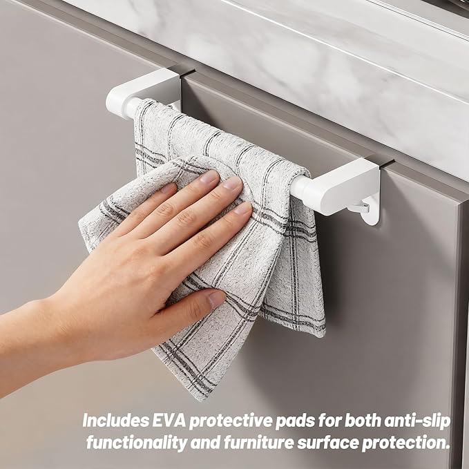 VEHHE Hand Screwed Telescopic Over Cabinet Door Towel Rack, Adjustable Length and Width Dish Towel Holder, Kitchen Towel Rack with EVA Foam Pad (White)