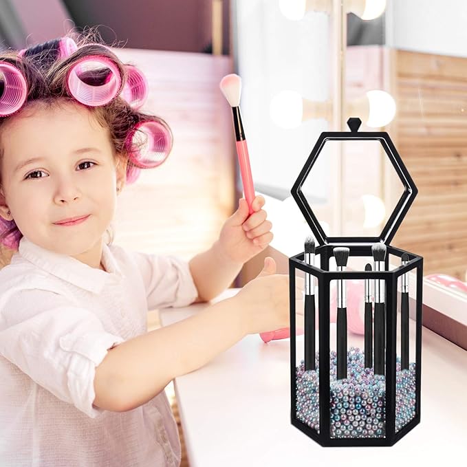 FRCOLOR Makeup Brush Case Makeup Brush Holder with Lid Hexagon Clear Pen Pencil Cup with Beads for Home Travel
