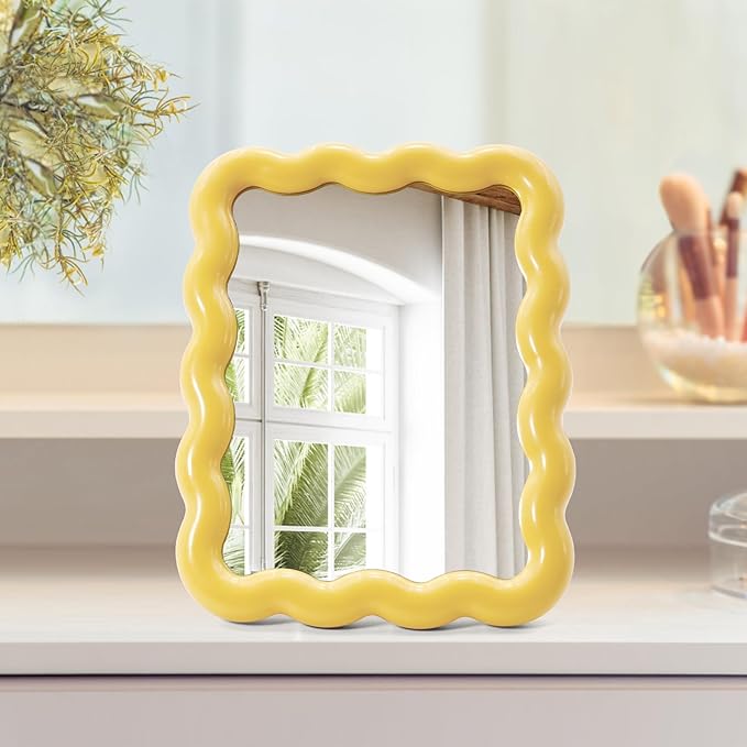 Philbinden Cute Wave-Shaped Desk Vanity Makeup Mirror, Portable Folding Travel Make Up Mirror for Standing/Hanging, Home Decorations Mirror for Women Girls (1, Yellow)