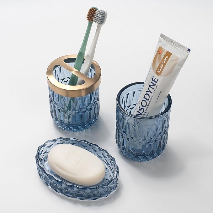 IVAILEX 5PCS Blue Glass Bathroom Accessories Sets of Lotion Dispenser, Soap Dish, Toothbrush Holder, Tumbler, Cotton Swab Jars, Modern Bath Decor, Vintage Gift