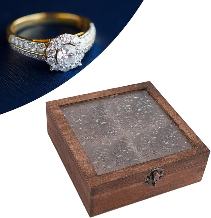 TOPINCN Floral Wooden Jewelry Box, Vintage Makeup Organizer, Trinket Holder Container, Quadrate Small Storage Case with Glass Lid for Cosmetics, Vanity Table, Desk Decorative