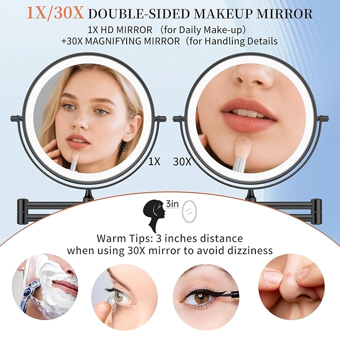 FUNTOUCH 5000mAh Rechargeable Wall Mounted Makeup Mirror with Lights, 8.7" Double Sided 1X/30X Magnifying Mirror with Dimmable 3 Color Light, Extended Swing Arm 360° Wall Mount Bathroom Mirror, Black