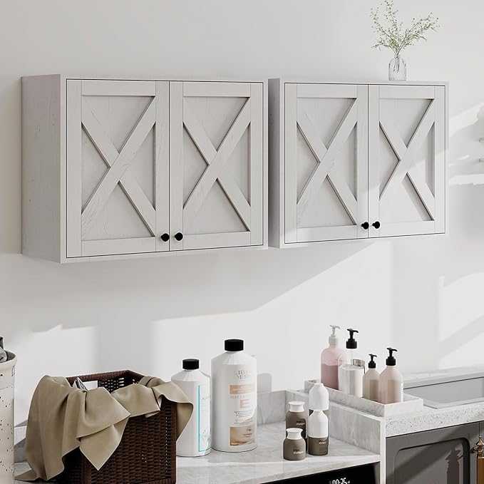 YOURLITE Laundry Cabinet, Medicine Cabinet, Bathroom Kitchen Storage Wall Mounted Farmhouse Organizer with Shelves Over Toilet, One Set of 2 Pieces X 24", White