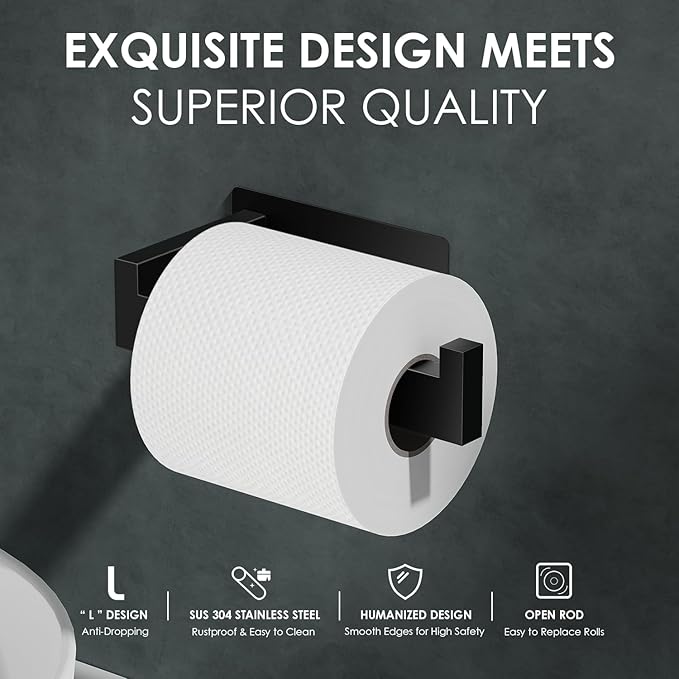 Auxmir Self Adhesive Black Toilet Paper Holder 2 Pack, Toilet Roll Holder Wall Mount, Premium Thicken SUS304 Stainless Steel, Rustproof No Drilling Toilet Tissue Holder for Bathroom Kitchen Washroom