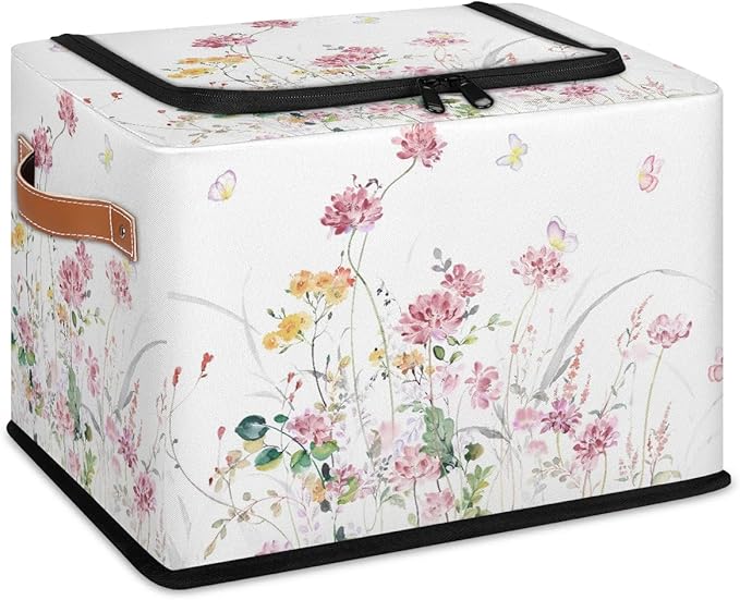 Boho Floral Flowers Storage Basket - Rectangular Decorative Box Collapsible Organizer with Zipper Lid, Watercolor Butterfly Bin with Handles for Girl Woman Her Bedroom, 24L