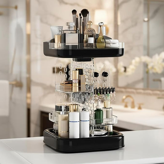 360 Rotating Makeup Organizer for Vanity & Countertop, Clear Adjustable Height Tiered Cosmetic and Skincare Storage, Spinning Perfume and Brush Holder, Jewelry Accessories Desktop Organizer, Black