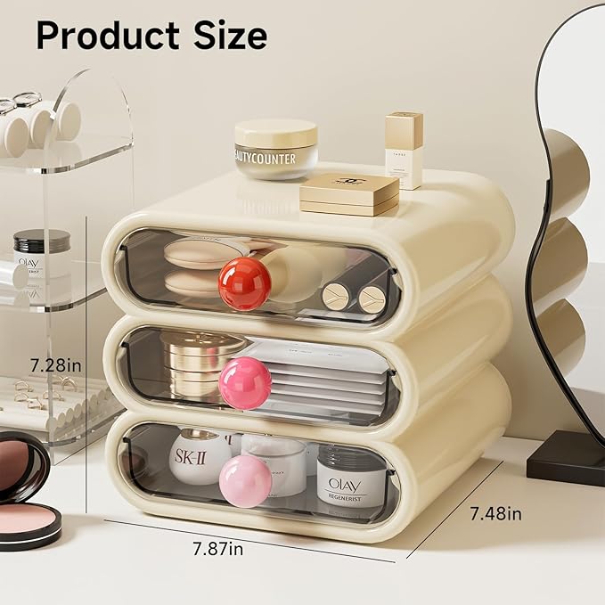3-Drawer Desktop Organizer, Compact Vanity Drawer Organizer for Makeup, Small Plastic Drawer Containers for Bathroom, Cabinet