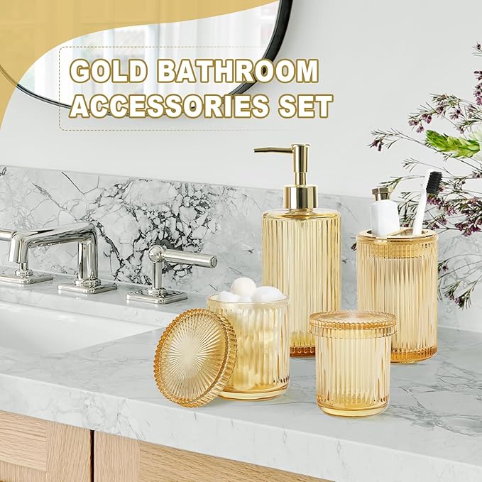 KASUNTING Gold Bathroom Accessories 4 Pcs, Gold Glass Soap Dispenser and Toothbrush Holder Set, Qtip Holder Set, Glass Bathroom Soap Dispenser Set, Yellow Orange Bathroom Decor