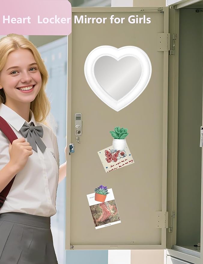 Heart Magnetic Locker Mirror for Girls, 6.9"x7.3" Real Glass Mirror Magnetic for School Locker, Locker Accessories Makeup Mirror for Bathroom Fridge Office Cabinet Gym (White)
