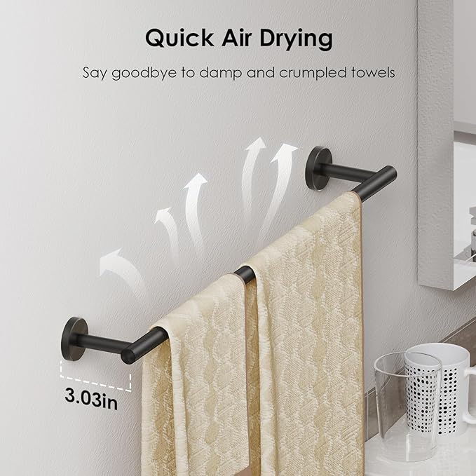 FORIOUS Towel Bar Wall Mounted, Stainless Steel Towel Racks for Bathroom 18 Inch, Includes Wall Mounting Hardware (Matte Black, Total Length 20 Inch)