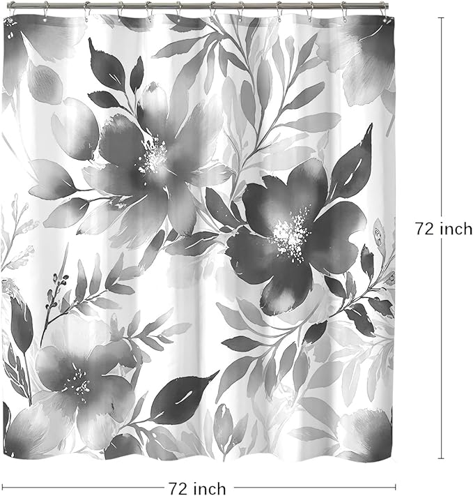 Floral Shower Curtain, Grey Watercolor Flower Shower Curtains for Bathroom, Modern Minimalist Waterproof Fabric Bath Curtain 72x72 Inch