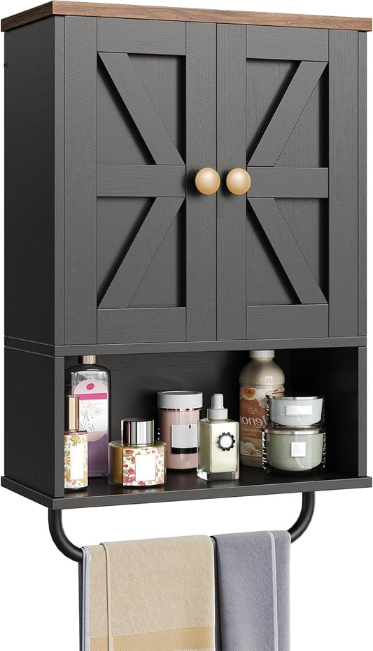 CHOEZON Bathroom Wall Cabinet, Medicine Cabinet with Open Partition and Towel Bar, Rustic Storage Cabinet with Open and Hidden Storage Space, for Bathroom, Living Room, Kitchen, Black and Walnut