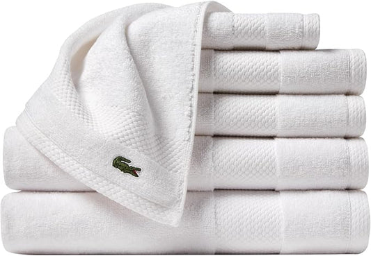 Lacoste Heritage Anti-Microbial Supima Cotton 6-Piece Towel Set, 2 Bath Towels, 2 Hand Towels, 2 Washcloths, White – Highly Absorbent & Quick Drying, Bathroom Essential, Machine Washable