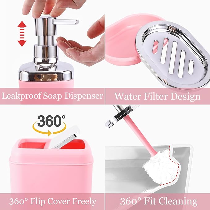 XLHOMO Pink Bathroom Accessory Set, Plastic Bathroom Set with Tray, Soap Dispenser, Toothbrush Holder, Toothbrush Cup, Soap Dish, Toilet Brush, Trash Can and Q-tip Holders for Bathroom/Housewarming