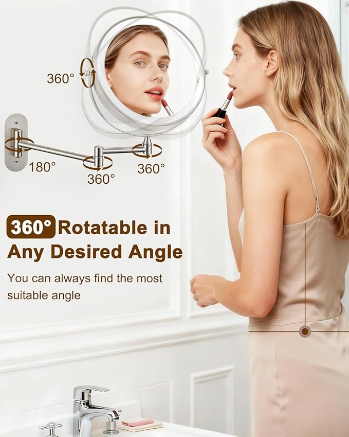 DECLUTTR 9" Wall Mounted Lighted Makeup Mirror, Rechargeable 1X/20X Magnifying Mirror with Light Double Sided, Touch Dimmable 3 Color Light, 360 Rotation Vanity Mirror