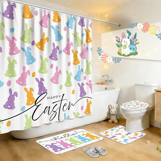 Easter Shower Curtain Set for Bathroom, Easter Bunnys Shape Bathroom Supplies for Bunny Accessories Decor Set, Non Slip Rugs Toilet Lid Cover U Shape Bath Mat and 12 Hooks