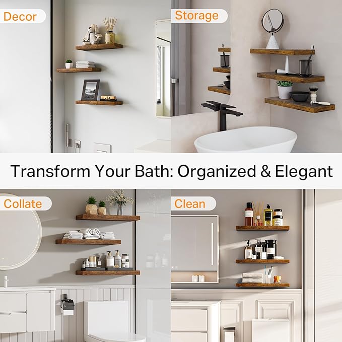 BAYKA Floating Shelves Bathroom for Wall – Shelf Over Toilet Farmhouse Rustic Wood for Bedroom, Kitchen, or Living Room Decor Organization Display Shelving – Rustic Brown, Set of 3 (Pack of 2)