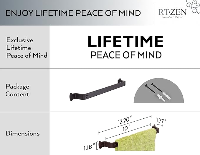RTZEN Matte Black Hand Towel Holder for Bathroom - Handcrafted Farmhouse Wrought Iron Metal Kitchen Bar - Small Hand Towel Bar Hanger for Home or Office - Wall Mounted Rack Fits 10" Towels