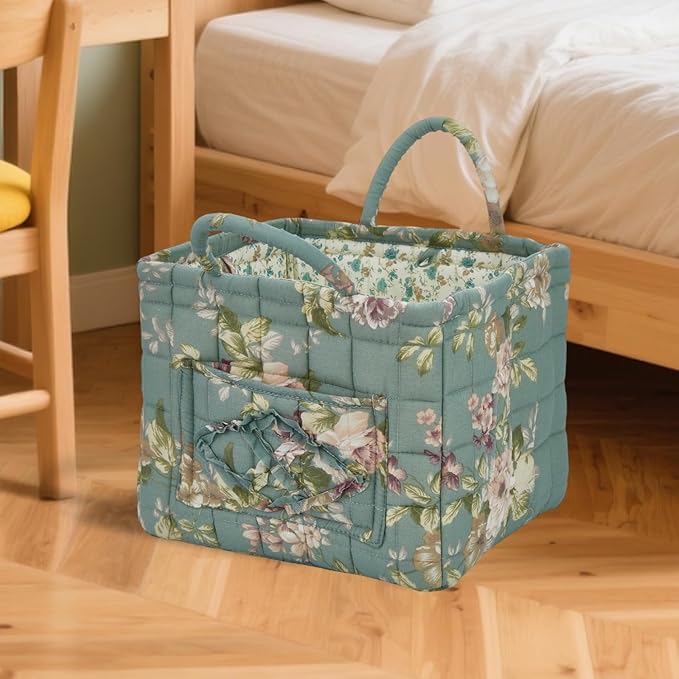Quilted Laundry Basket with Handles, Aesthetic Collapsible Fabric Storage Basket for Clothes, Diapers & Toys - Multi-Purpose Boho Organizer Tote for Car, Home & Picnic (C)