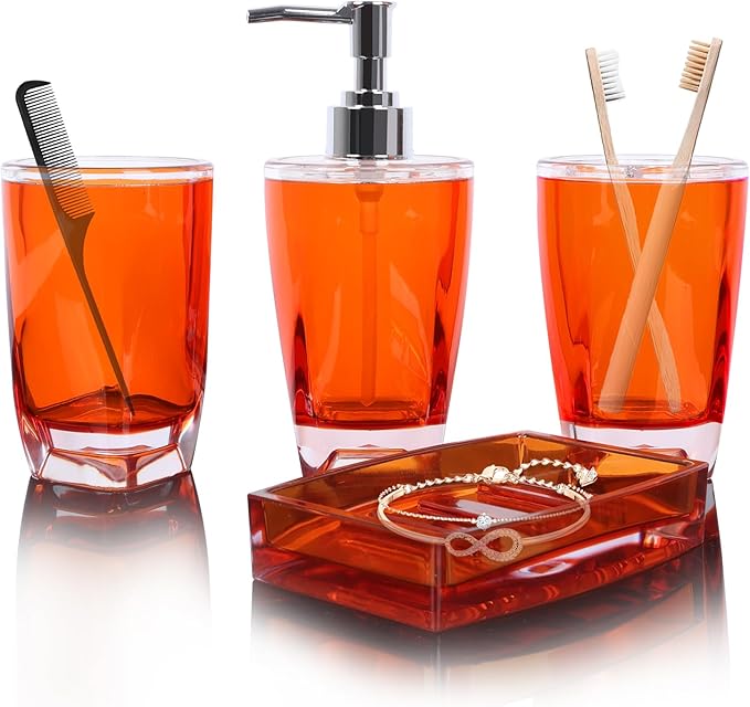4-Piece Warm Orange Acrylic Bathroom Accessories Set — Soap Dispenser, Toothbrush Holder, Soap Dish & Mouthwash Cup, Vanity Countertop Organizer for Orange Boho Bathroom Decor