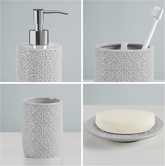 Martha Stewart Ceramic Bathroom Accessories Set, Vanity Decor Storage Organizer, Embossed Damask Medallion, Lotion/Soap Dispenser, Toothbrush Holder, Tumbler, Trinket Dish, Assorted Sizes Grey