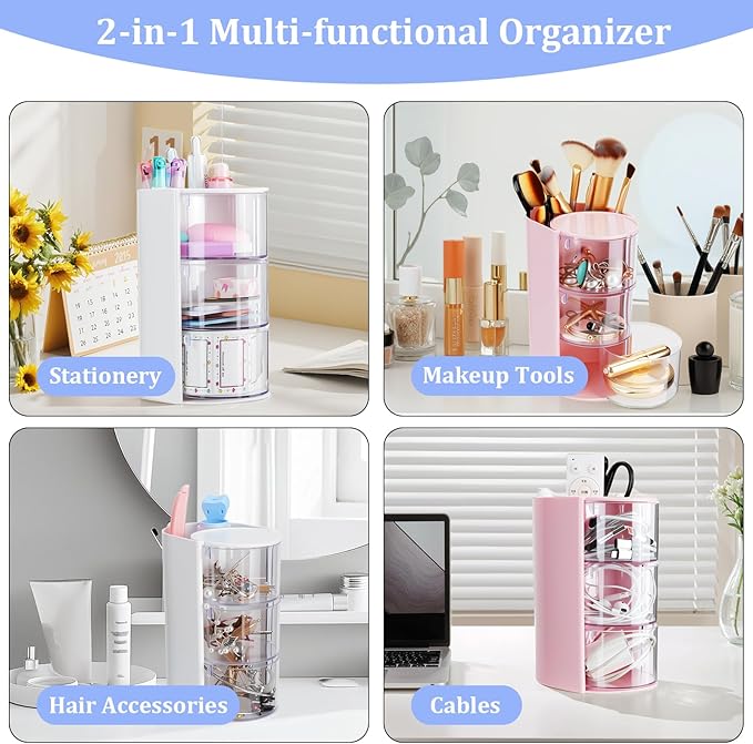 3-Tier Clear Hair Accessories Organizer with Makeup Brush Holder, Rotatable Jewelry Storage Box with Cute Stickers for Bows & Clips, Desktop Organizer Case for Bathroom Vanity Countertop（Pink）