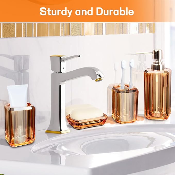 Bathroom Accessories Set,4 Pcs Premium Acrylic Bathroom Accessory Set Complete w/Lotion Soap Dispenser,Mouthwash Cup,Soap Dish,Toothbrush Holder,Orange Bathroom Decor Sets,Gift for Home Apartment