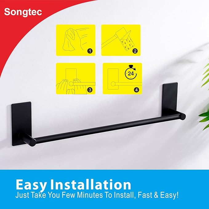 Songtec Adhesive Towel Bar Black 16-Inch, Stick On Bath Towel Rack No Drill, Strong Adhesion Tape Mount Towel Holder, Stainless Steel - Black