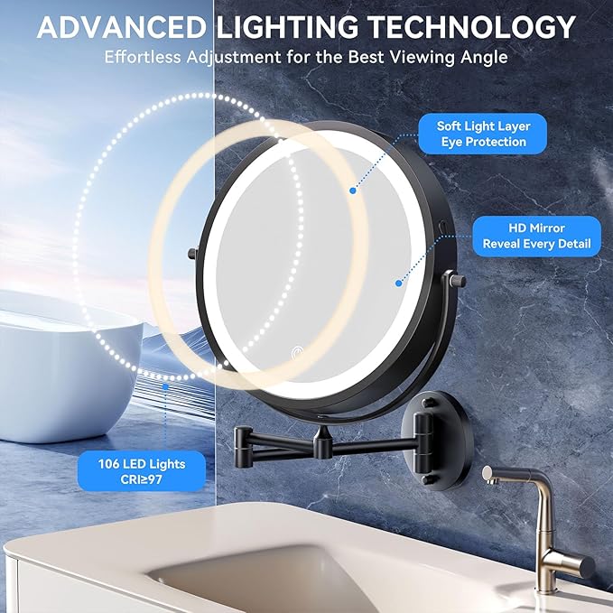 9'' 30X/1X Wall Mounted Lighted Makeup Mirror, 5000mAh Rechargeable Double-Sided Magnifying Mirror with Light, Vanity Bathroom Mirror Touch Dimmable 3 Colors 360° Rotation Extended Arm, Power Adapter