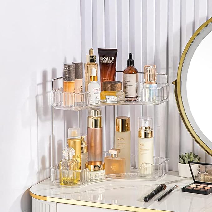 CESTATIVO Corner Bathroom Counter Organizer, Vanity Trays for Bathroom, Skincare Makeup Organizer Shelf, Shelf Cosmetics, Toiletries, Lotions, Perfumes (2 Tiers, Clear)