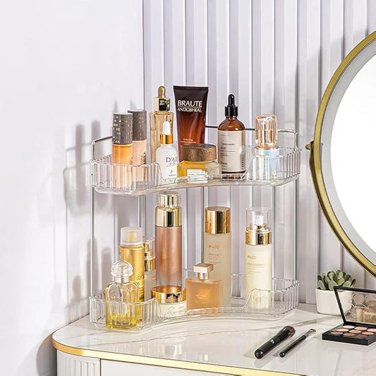 CESTATIVO Corner Bathroom Counter Organizer, Vanity Trays for Bathroom, Skincare Makeup Organizer Shelf, Shelf Cosmetics, Toiletries, Lotions, Perfumes (2 Tiers, Clear)