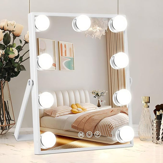 Vanity Mirror with Lights, Hollywood Vanity Makeup Mirror with Lights, Lighted Make Up Mirrors with 9 Dimmable Bulbs, 360 Degree Rotation Mirror, Smart Touch Control, 3 Color Modes (12" L x 10" W)