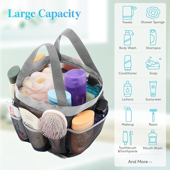 Lifewit Mesh Shower Caddy Portable for College Dorm Room Essentials with 7 Pockets, Freestanding Hanging Organizer Basket, Quick Dry Tote Bag for Camping, Bathroom, Beach, Travel, 1 Pack, Grey