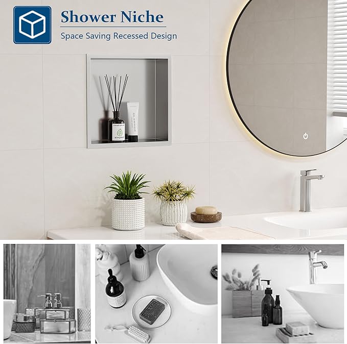 Neodrain Shower Niche, Insert Bathroom Storage Shower Shelf, Stainless Steel Recessed Wall Niche No Tiled Recessed Cabinet Waterproof for Shower Storage(Brushed,12"x12")